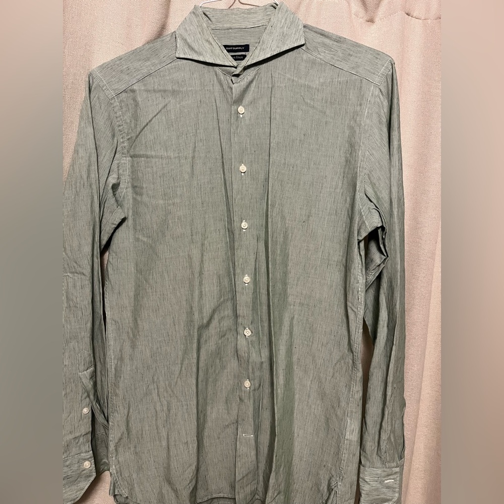 Men Suitsupply Green Cotton Linen Dress Shirt